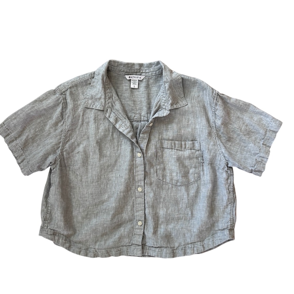 Athleta Women Grey 100% Linen Retreat Short Sleeve Crop Button Down Shirt Large